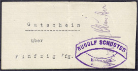 Banknoten der Kolonien und Nebengebiete
Deutsch-Südwestafrika
Privatausgabe, Rudolf Schuster Windhuk, Gutschein zu 50 Pfg. o.D. Weißes Papier, ohne ...