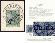 Briefmarken/Briefe/Postkarten der Kolonien und Nebengebiete
Deutsche Post in China
5 Pf. Freimarken für Tientsin 1900, (dunkel)grün mit Handstempela...