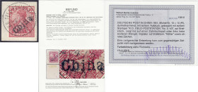 Briefmarken/Briefe/Postkarten der Kolonien und Nebengebiete
Deutsche Post in China
10 Pf. dunkelkarminrot (Handstempelaufdruck) 1901, traumhaft gest...