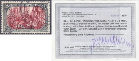 Briefmarken/Briefe/Postkarten der Kolonien und Nebengebiete
Deutsche Post in China
5 Mark grünschwarz/bräunlichkarmin 1901/1904, sauber gestempelt ,...