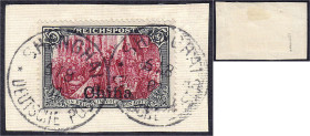 Briefmarken/Briefe/Postkarten der Kolonien und Nebengebiete
Deutsche Post in China
5 Mark grünschwarz/bräunlichkarmin 1904, sauber gestempelt auf Br...