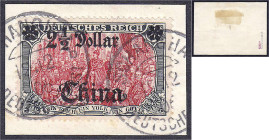 Briefmarken/Briefe/Postkarten der Kolonien und Nebengebiete
Deutsche Post in China
2 1/2 Dollars auf 5 Mark grünschwarz/dunkelkarmin 1905, sauber ge...