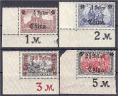 Briefmarken/Briefe/Postkarten der Kolonien und Nebengebiete
Deutsche Post in China
1/2 Dollar auf 1 M. - 2 1/2 Dollar auf 5 M. Freimarken 1906/1919,...