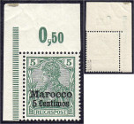 Briefmarken/Briefe/Postkarten der Kolonien und Nebengebiete
Deutsche Post in Marokko
5 C. auf 5 Pf. Freimarke 1903, postfrische Bogenecke in Luxuser...