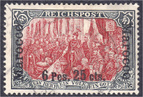 Briefmarken/Briefe/Postkarten der Kolonien und Nebengebiete
Deutsche Post in Marokko
6 P 25 C. auf 5 M. Freimarken (Reichspost) 1900/1903, gestempel...