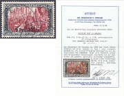 Briefmarken/Briefe/Postkarten der Kolonien und Nebengebiete
Deutsche Post in Marokko
6 P 25 C auf 5 M. Freimarke (Reichspost) 1900/1903, sauber gest...