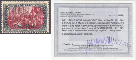 Briefmarken/Briefe/Postkarten der Kolonien und Nebengebiete
Deutsche Post in Marokko
6 P 25 C auf 5 M Freimarke 1900/1903, sog. dünner Aufdruck mit ...