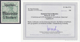 Briefmarken/Briefe/Postkarten der Kolonien und Nebengebiete
Deutsche Post in Marokko
5 Centimos auf 5 Pf. mit Aufdruck ,,Specimen" 1905, ungebraucht...