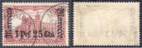 Briefmarken/Briefe/Postkarten der Kolonien und Nebengebiete
Deutsche Post in Marokko
1 P 25 C auf 1 M. Freimarke 1905, sauber gestempelt, Zähnung ,,...