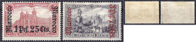Briefmarken/Briefe/Postkarten der Kolonien und Nebengebiete
Deutsche Post in Marokko
1 P 25 C auf 1 M. + 3 P 75 C auf 3 M Freimarke 1900/1903, zwei ...