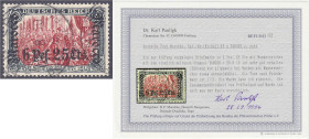 Briefmarken/Briefe/Postkarten der Kolonien und Nebengebiete
Deutsche Post in Marokko
6 P 25 C auf 5 M. Freimarke 1906, entwertet mit dem Stempel ,,T...