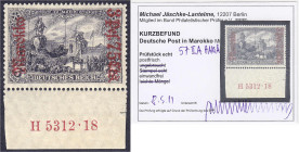 Briefmarken/Briefe/Postkarten der Kolonien und Nebengebiete
Deutsche Post in Marokko
3 P. 75 C. auf 3 M. Freimarke 1911, postfrische Erhaltung, Unte...