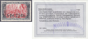 Briefmarken/Briefe/Postkarten der Kolonien und Nebengebiete
Deutsche Post in Marokko
6 P 25 C auf 5 M. Freimarke 1911, postfrische Luxuserhaltung, 2...