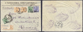 Briefmarken/Briefe/Postkarten der Kolonien und Nebengebiete
Deutsche Post in der Türkei
CONSTANTINOPEL 1 21/10 91, bunt frankierter R-Brief nach Mün...