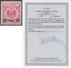 Briefmarken/Briefe/Postkarten der Kolonien und Nebengebiete
Deutsche Post in der Türkei
20 PA auf 10 Pf. Freimarke 1889, Farbe ,,e" (dunkelrosarot),...