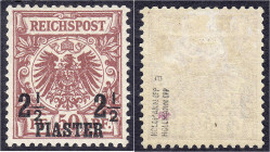 Briefmarken/Briefe/Postkarten der Kolonien und Nebengebiete
Deutsche Post in der Türkei
2 1/2 PIA auf 50 Pf. Freimarke 1889, ungebraucht mit Falz, F...