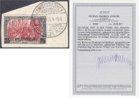 Briefmarken/Briefe/Postkarten der Kolonien und Nebengebiete
Deutsche Post in der Türkei
25 PIA auf 5 M Freimarken 1904, entwertet mit dem Datumbrück...