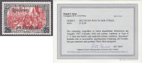 Briefmarken/Briefe/Postkarten der Kolonien und Nebengebiete
Deutsche Post in der Türkei
25 PIA auf 5 M Freimarke 1900/1904, ungebraucht mit Falz, Au...