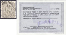 Briefmarken/Briefe/Postkarten der Kolonien und Nebengebiete
Deutsche Post in der Türkei
Vorläufer
CONSTANTINOPEL 29 6 75 auf 50 Pf. Pfennige 1875/1...