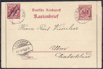 Briefmarken/Briefe/Postkarten der Kolonien und Nebengebiete
Deutsch-Neuguinea
1899, 10 Pf. Krone/Adler-Kartenbrief mit 10 Pf. rot K1 ,,Herbertshöh 6...