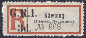 Briefmarken/Briefe/Postkarten der Kolonien und Nebengebiete
Deutsch-Neuguinea
Britische Besetzung
G.R.I. 3 d auf Einschreibzettel ,,Käwieng (Deutsc...