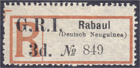 Briefmarken/Briefe/Postkarten der Kolonien und Nebengebiete
Deutsch-Neuguinea
Britische Besetzung
G.R.I. 3 d auf Einschreibzettel ,,Rabaul (Deutsch...