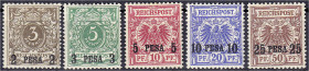 Briefmarken/Briefe/Postkarten der Kolonien und Nebengebiete
Deutsch-Ostafrika
2 P auf 3 Pf. - 25 P auf 50 Pf. Freimarken 1893/1896, kompletter Satz ...