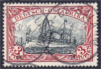 Briefmarken/Briefe/Postkarten der Kolonien und Nebengebiete
Deutsch-Ostafrika
3 Rupien dunkelrot/grünschwarz 1901, sauber in gestempelter Luxuserhal...