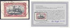 Briefmarken/Briefe/Postkarten der Kolonien und Nebengebiete
Deutsch-Ostafrika
3 Rupien Freimarke 1901, sauber gestempelt auf Briefstück, entwertet ,...