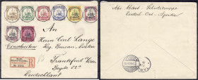 Briefmarken/Briefe/Postkarten der Kolonien und Nebengebiete
Deutsch-Ostafrika
2 1/2 - 60 H. Kaiseryacht 1905, kompletter R-Satzbrief ab ,,MOSCHI 3/4...