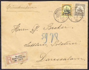 Briefmarken/Briefe/Postkarten der Kolonien und Nebengebiete
Deutsch-Ostafrika
20 H. und 2 1/2 H. Freimarken 1905/1909, zwei Werte auf R-Brief, saube...