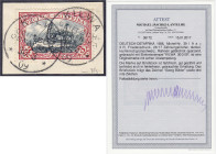 Briefmarken/Briefe/Postkarten der Kolonien und Nebengebiete
Deutsch-Ostafrika
3 R. Friedensdruck 1908, entwertet mit dem Einkreisstempel ,,KILWA 30/...