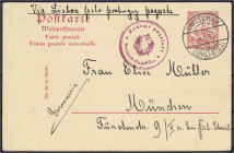 Briefmarken/Briefe/Postkarten der Kolonien und Nebengebiete
Deutsch-Ostafrika
Ganzsachen
,,Zensur passiert Deutsch-Ostafrika", roter Stempel ideal ...