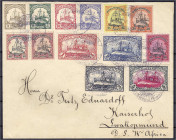 Briefmarken/Briefe/Postkarten der Kolonien und Nebengebiete
Deutsch-Südwestafrika
3 Pf. - 5 M. Kaiseryacht 1901, kompletter Satzbrief mit 8x Stempel...