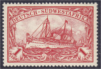 Briefmarken/Briefe/Postkarten der Kolonien und Nebengebiete
Deutsch-Südwestafrika
1 Mark dunkelrot 1901, ohne Wasserzeichen in postfrischer Luxuserh...