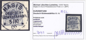 Briefmarken/Briefe/Postkarten der Kolonien und Nebengebiete
Deutsch-Südwestafrika
2 Pf. Reichspost (Mitläufer) 1900, zentrisch entwertet auf Briefst...