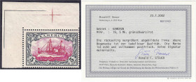 Briefmarken/Briefe/Postkarten der Kolonien und Nebengebiete
Kamerun
5 M. Kaiseryacht 1900, postfrisches Luxusstück aus der linken oberen Bogenecke, ...