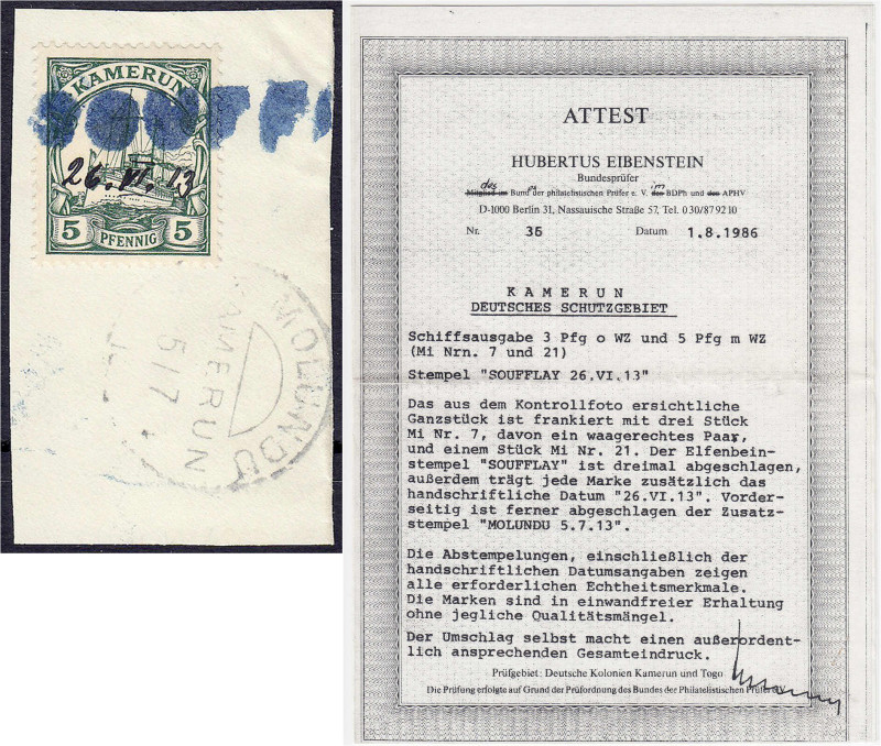 Briefmarken/Briefe/Postkarten der Kolonien und Nebengebiete
Kamerun
5 Pf. Schi...