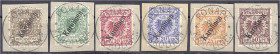 Briefmarken/Briefe/Postkarten der Kolonien und Nebengebiete
Karolinen
3 Pf. - 50 Pf. steiler Aufdruck (56°) 1900, kompletter Luxussatz auf Briefstüc...