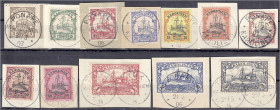 Briefmarken/Briefe/Postkarten der Kolonien und Nebengebiete
Karolinen
3 Pf. - 3 M. Freimarken 1900, kompletter Satz auf Briefstücken bis auf die 5 M...