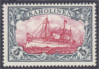 Briefmarken/Briefe/Postkarten der Kolonien und Nebengebiete
Karolinen
5 Mark grünschwarz/dunkelkarmin 1900/1910, sauber in ungebrauchter Erhaltung m...