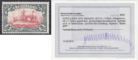 Briefmarken/Briefe/Postkarten der Kolonien und Nebengebiete
Karolinen
5 Mark grünschwarz 1915/1923, Wasserzeichen 1, 26:17 Zähnungslöcher, befindet ...