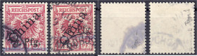 Briefmarken/Briefe/Postkarten der Kolonien und Nebengebiete
Kiautschou
5 Pfg. auf 10 Pf. erste Tsingtau-Ausgabe 1900, zwei sauber gestempelte Werte ...