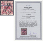 Briefmarken/Briefe/Postkarten der Kolonien und Nebengebiete
Kiautschou
5 Pf. auf 10 Pf. erste Tsingtau-Ausgabe 1900, lebhaftlilarot, gestempelt ,,TS...