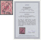 Briefmarken/Briefe/Postkarten der Kolonien und Nebengebiete
Kiautschou
5 Pfg. auf 10 Pf. erste Tsingtau-Ausgabe 1900, lebhaftlilarot, sauber gestemp...