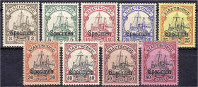 Briefmarken/Briefe/Postkarten der Kolonien und Nebengebiete
Kiautschou
3 Pf. - 80 Pf. Freimarken (Specimen) 1901, insgesamt 9 ungebrauchte Werte mit...