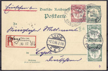Briefmarken/Briefe/Postkarten der Kolonien und Nebengebiete
Kiautschou
SYFANG, handschriftlich auf R-Zettel ,,Tsingtau" auf 5 Pf. GSK mit Beifrankat...