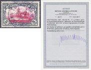 Briefmarken/Briefe/Postkarten der Kolonien und Nebengebiete
Kiautschou
5 Mark grünschwarz/bräunlichkarmin 1901, sauber gestempelt in Luxuserhaltung....