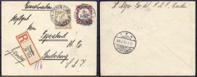 Briefmarken/Briefe/Postkarten der Kolonien und Nebengebiete
Kiautschou
1 Cent und 20 Cent Freimarken 1905, zwei Werte auf Kabinett R-Brief mit der E...