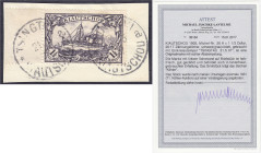 Briefmarken/Briefe/Postkarten der Kolonien und Nebengebiete
Kiautschou
1 1/2 Dollar Freimarke 1905, schwarz(grau)violett, 26:17 Zähnungslöcher, entw...